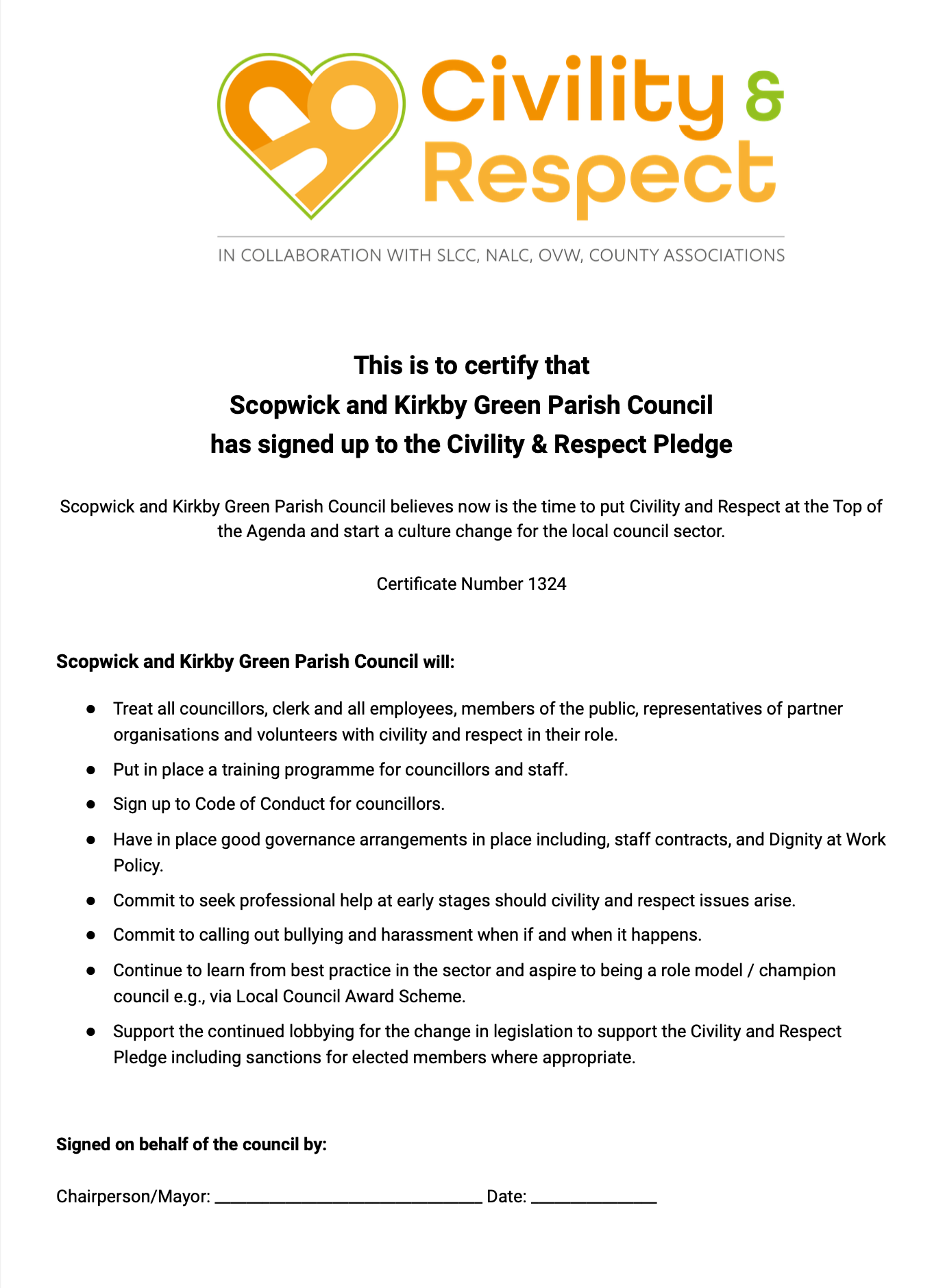 Civility &amp; Respect certificate issues to Scopwick &amp; Kirkby Green Parish Council