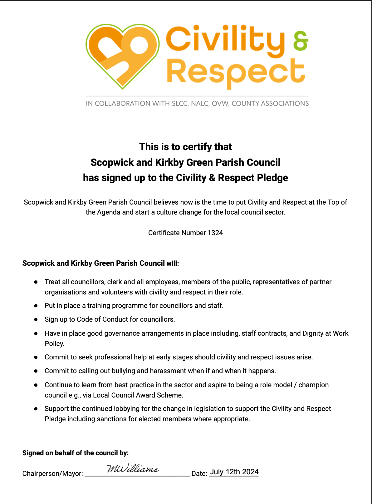 Civility respect certificate signed